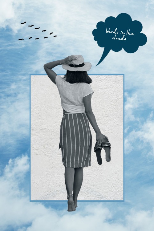 woman standing text: words in the cloud